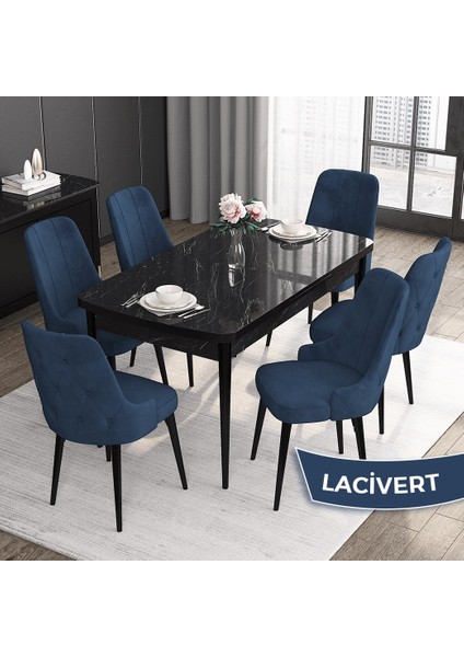 Concept Roy Serisi, 80 x 132 cm Açılabilir Mdf Mutfak Masa Takımı,siyah Mermer Desen Masa 6 Sandalye