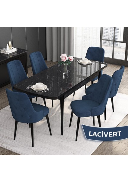 Concept Roy Serisi, 80 x 132 cm Açılabilir Mdf Mutfak Masa Takımı,siyah Mermer Desen Masa 6 Sandalye
