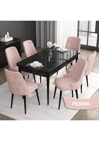 Concept Roy Serisi, 80 x 132 cm Açılabilir Mdf Mutfak Masa Takımı,siyah Mermer Desen Masa 6 Sandalye