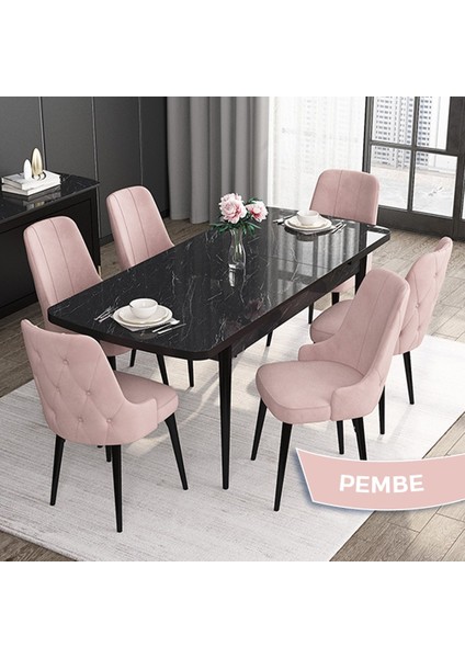 Concept Roy Serisi, 80 x 132 cm Açılabilir Mdf Mutfak Masa Takımı,siyah Mermer Desen Masa 6 Sandalye fiyatları