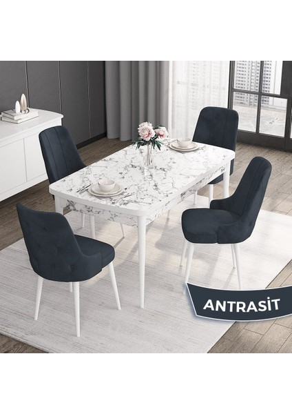 Concept Roy Serisi,80 x 132 cm Açılabilir Mdf Masa,beyaz Mermer Desen Mutfak Masa Takımı, 4 Sandalye