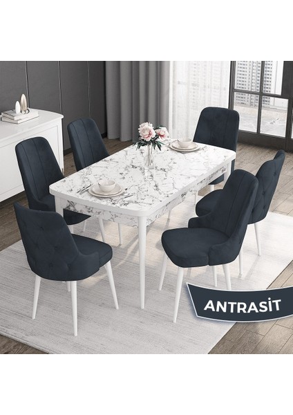 Concept Roy Serisi,80 x 132 cm Açılabilir Mdf Masa,beyaz Mermer Desen Mutfak Masa Takımı, 6 Sandalye