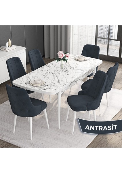 Concept Roy Serisi,80 x 132 cm Açılabilir Mdf Masa,beyaz Mermer Desen Mutfak Masa Takımı, 6 Sandalye