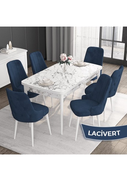 Concept Roy Serisi,80 x 132 cm Açılabilir Mdf Masa,beyaz Mermer Desen Mutfak Masa Takımı, 6 Sandalye