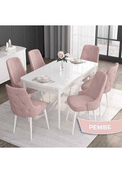 Concept Roy Serisi,80 x 132 cm Açılabilir Mdf Masa,beyaz Mutfak Masa Takımı,6 Sandalye