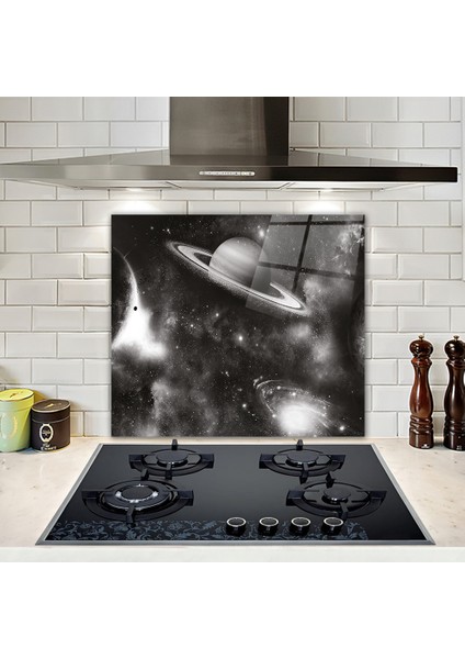 Cam Ocak Arkası Koruyucu | Galaksi Desen - Siyah Beyaz Fon| 52cm x 60cm
