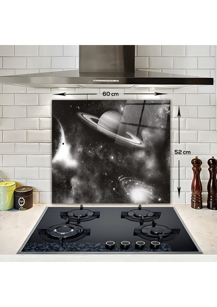 Cam Ocak Arkası Koruyucu | Galaksi Desen - Siyah Beyaz Fon| 52cm x 60cm fiyatları