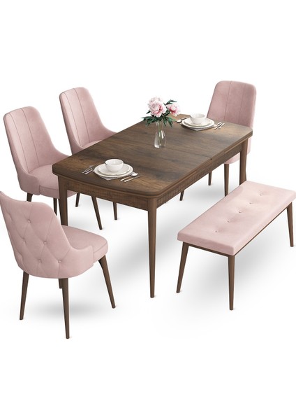 Concept Yay Serisi, 80X132 Açılabilir Masa Takımı, Barok Ahşap Desen Masa 4 Sandalye ve 1 Bench