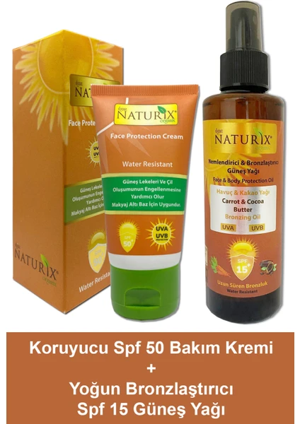 Naturixspf 50+ Yüz Güneş Koruyucu Leke Karşıtı Krem + Kakao & Havuç Yağı Spf 15 Yoğun Bronzlaştırıcı Yağ