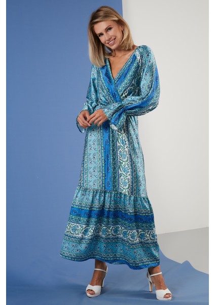 Desenli Rahat Kalıp Kruvaze Yaka Elbise Bayan Elbise 6058062