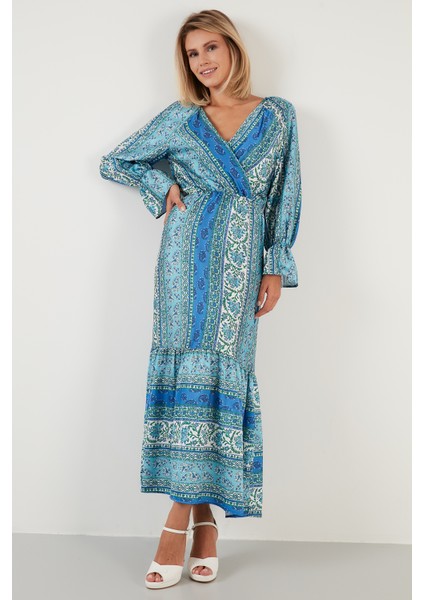 Desenli Rahat Kalıp Kruvaze Yaka Elbise Bayan Elbise 6058062 fiyatları