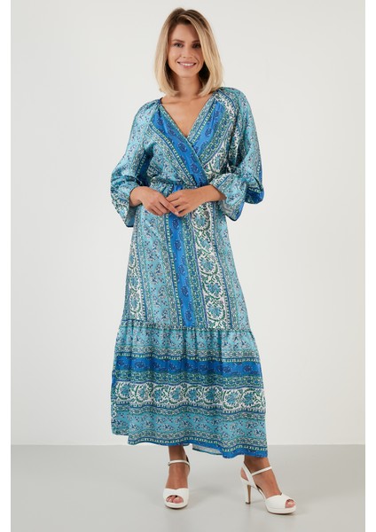 Desenli Rahat Kalıp Kruvaze Yaka Elbise Bayan Elbise 6058062 modelleri