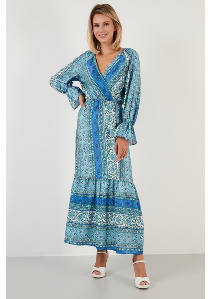 Desenli Rahat Kalıp Kruvaze Yaka Elbise Bayan Elbise 6058062 fırsatları