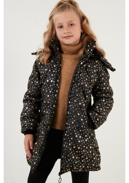 Yakası Suni Kürklü Yıldız Desenli Çıkarılabilir Kapüşonlu Peluş Astarlı Kışlık Mont Kız Çocuk Mont 5760050 modelleri