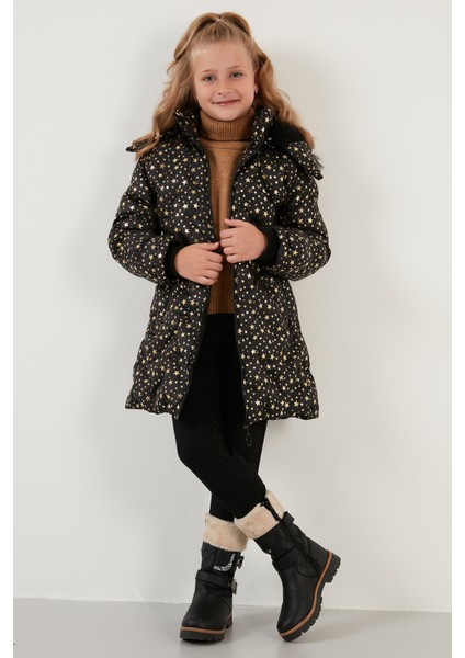 Yakası Suni Kürklü Yıldız Desenli Çıkarılabilir Kapüşonlu Peluş Astarlı Kışlık Mont Kız Çocuk Mont 5760050 fırsatları