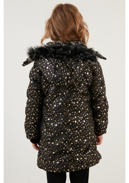 Yakası Suni Kürklü Yıldız Desenli Çıkarılabilir Kapüşonlu Peluş Astarlı Kışlık Mont Kız Çocuk Mont 5760050 indirimleri