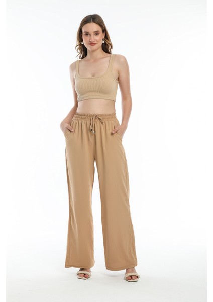 Beli Lastikli Bol Paça Pantolon Camel