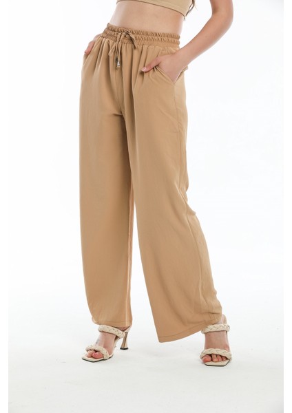 Beli Lastikli Bol Paça Pantolon Camel modelleri