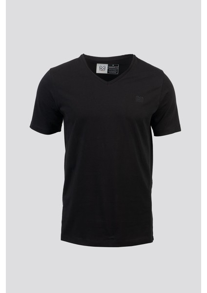 Erkek Siyah Pamuklu Likralı V-Yaka Slim Fit T-Shirt