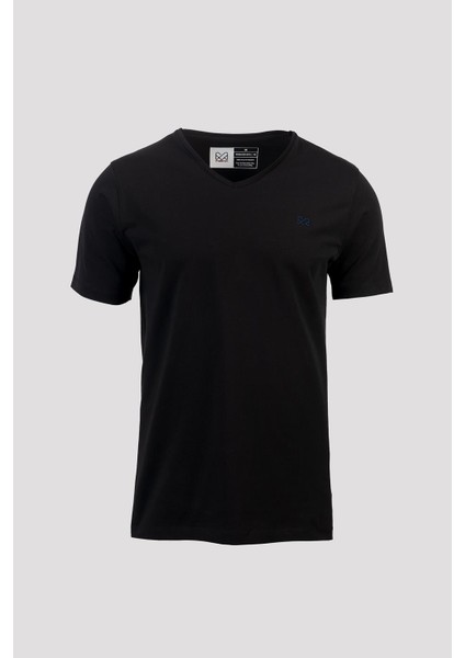 Erkek Siyah Pamuklu Likralı V-Yaka Slim Fit T-Shirt