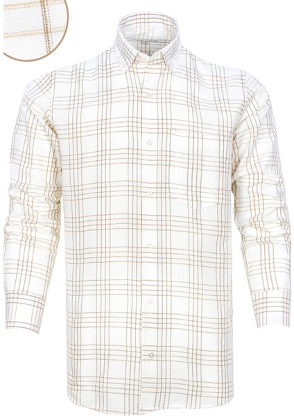 Erkek Beyaz-Taba Kareli Desen Uzun Kol Düğmeli Yaka Klasik Kesim Gömlek