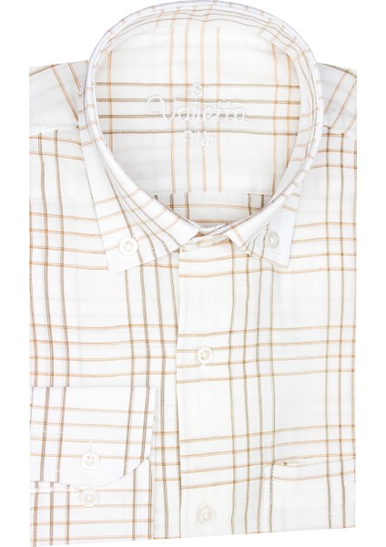 Erkek Beyaz-Taba Kareli Desen Uzun Kol Düğmeli Yaka Klasik Kesim Gömlek modelleri