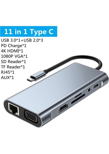 Macbook Pro Air Type C Hub Pd Şarj HDMI Sd Network VGA Girişli 11 In 1 Çevirici Dönüştürücü Çoklayıcı