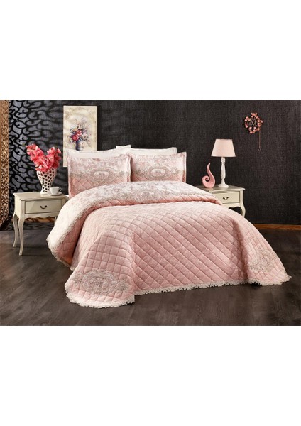 Butik Fransız Güpürlü Kadife Çeyizlik Yatak Örtüsü Pudra