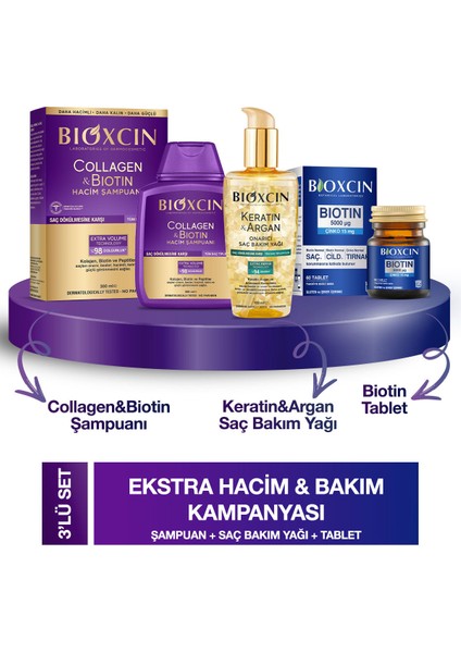 Collagen & Biotin Hacim Şampuanı 300ML + Biotin 5000 Mcg 60 Tablet + Keratin Argan Saç Bakım Yağı