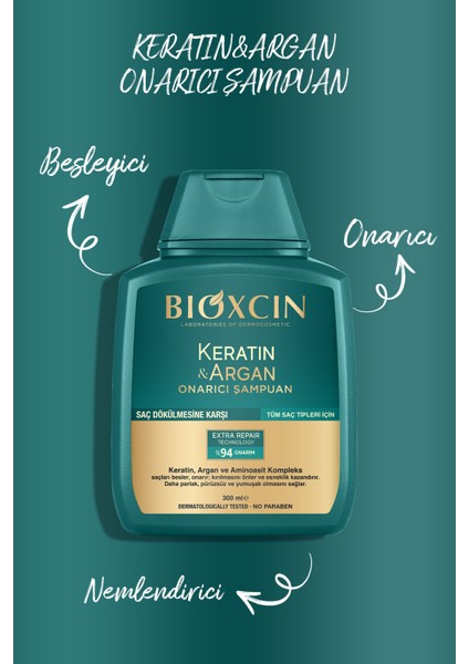 Keratin & Argan Onarıcı Şampuan 300ML + Bioxcin Kertin Argan Saç Bakım Kremi