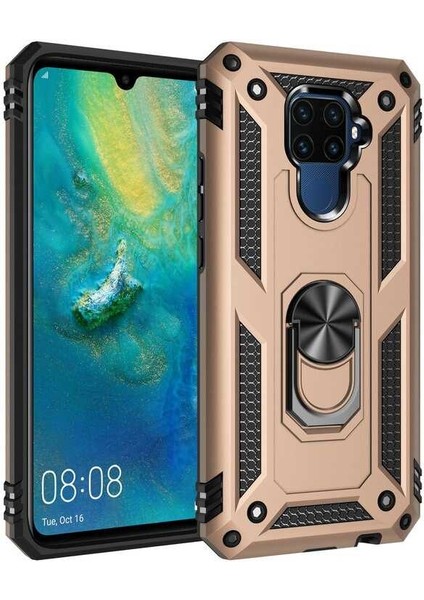 Huawei Mate 30 Lite Kılıf Yüzüklü Standlı Tank Çift Katmanlı Vega Gold