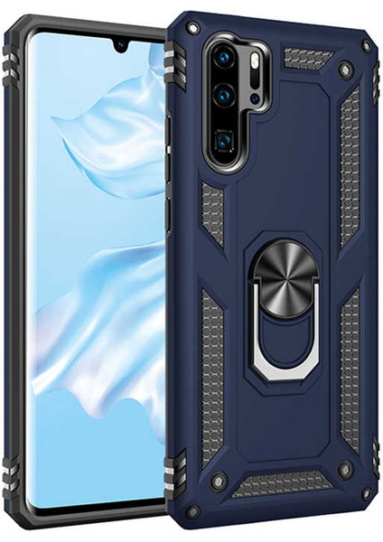 Huawei P30 Pro Kılıf Yüzüklü Standlı Tank Çift Katmanlı Vega Mavi