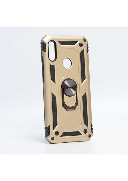 Huawei Y6 2019 Kılıf Yüzüklü Standlı Tank Çift Katmanlı Vega Gold