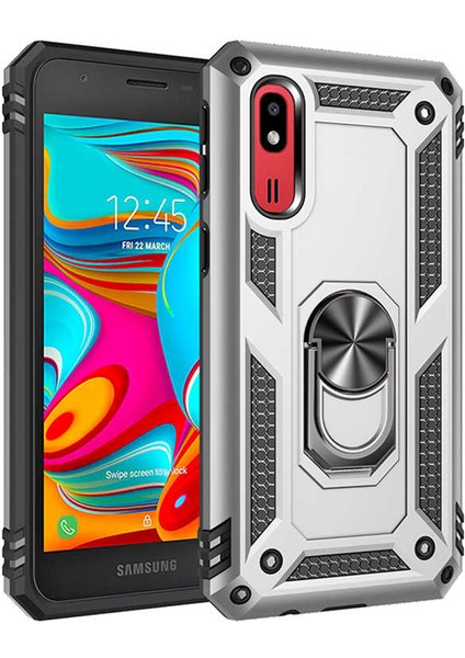 Samsung Galaxy A2 Core Kılıf Yüzüklü Standlı Tank Çift Katmanlı Vega Gri