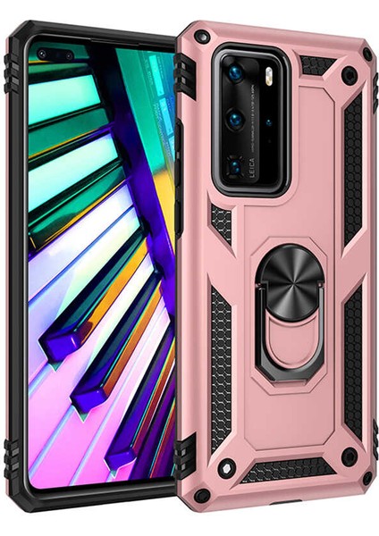 Huawei P40 Pro Kılıf Yüzüklü Standlı Tank Çift Katmanlı Vega Rose Gold