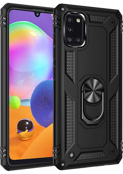 Samsung Galaxy A31 Kılıf Yüzüklü Standlı Tank Çift Katmanlı Vega Siyah