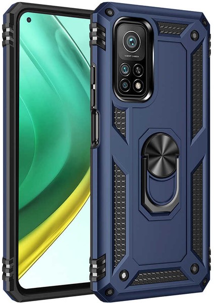 Xiaomi Mi 10T Pro Kılıf Yüzüklü Standlı Tank Çift Katmanlı Vega Mavi
