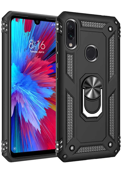 Xiaomi Redmi Note 7 Kılıf Yüzüklü Standlı Tank Çift Katmanlı Vega Siyah