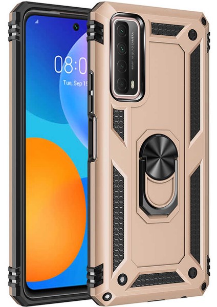 Huawei P Smart 2021 Kılıf Yüzüklü Standlı Tank Çift Katmanlı Vega Gold