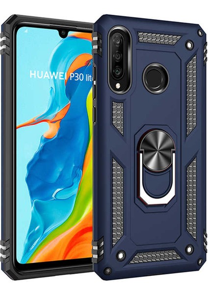 Huawei P30 Lite Kılıf Yüzüklü Standlı Tank Çift Katmanlı Vega Mavi