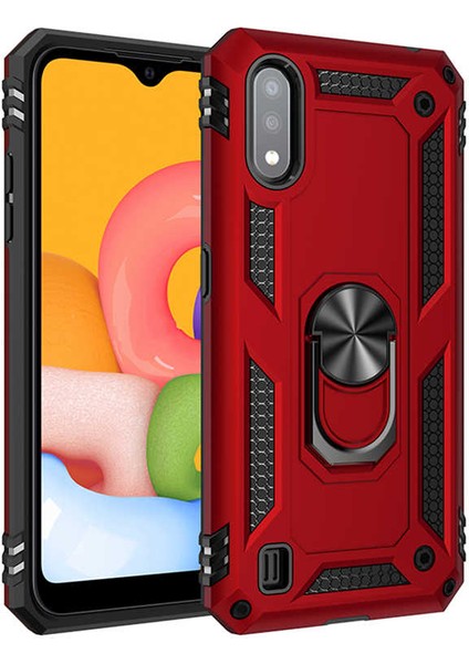 Samsung Galaxy A01 Kılıf Yüzüklü Standlı Tank Çift Katmanlı Vega Kırmızı