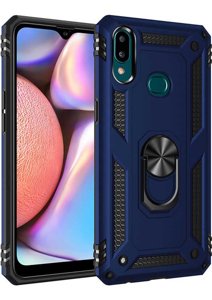 Samsung Galaxy A10S Kılıf Yüzüklü Standlı Tank Çift Katmanlı Vega Mavi