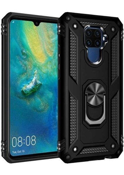 Huawei Mate 30 Lite Kılıf Yüzüklü Standlı Tank Çift Katmanlı Vega Siyah