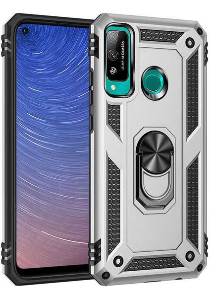 Huawei P40 Lite E Kılıf Yüzüklü Standlı Tank Çift Katmanlı Vega Gri