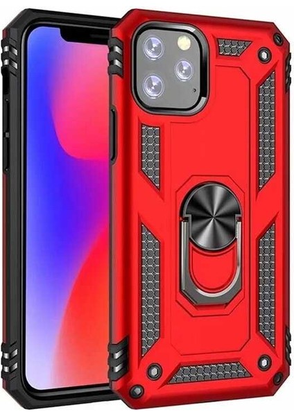 iPhone 11 Pro Max Kılıf Yüzüklü Standlı Tank Çift Katmanlı Vega Kırmızı