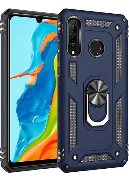 Samsung Galaxy A20S Kılıf Yüzüklü Standlı Tank Çift Katmanlı Vega Mavi