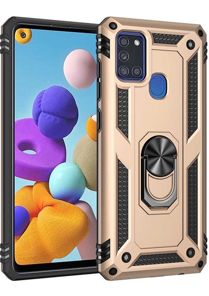 Samsung Galaxy A21S Kılıf Yüzüklü Standlı Tank Çift Katmanlı Vega Gold