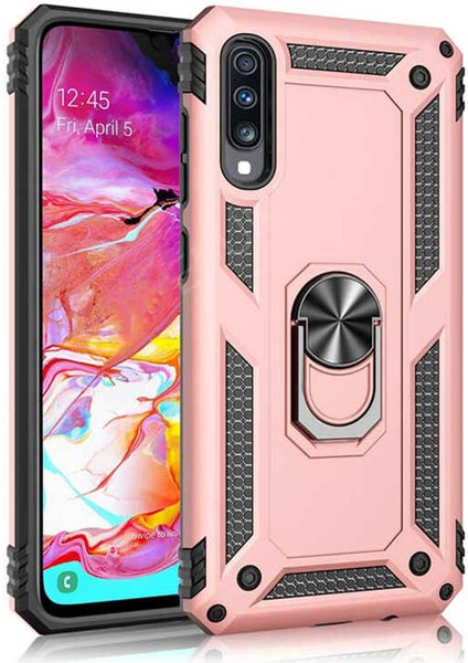 Huawei P Smart Pro 2019 Kılıf Yüzüklü Standlı Tank Çift Katmanlı Vega Rose Gold