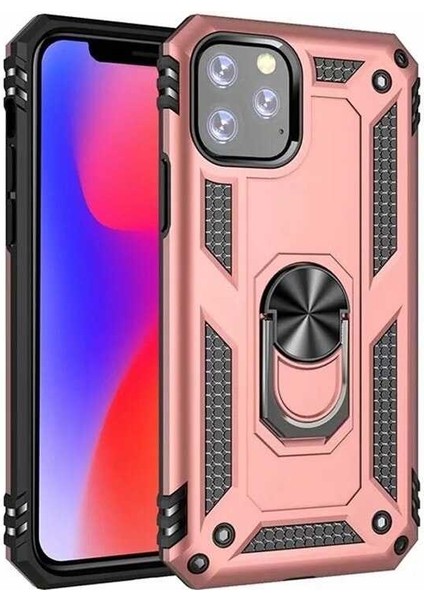 iPhone 11 Pro Max Kılıf Yüzüklü Standlı Tank Çift Katmanlı Vega Rose Gold