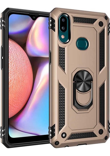 Samsung Galaxy A10S Kılıf Yüzüklü Standlı Tank Çift Katmanlı Vega Gold